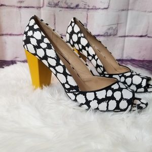 Avon Cow print  yellow heeled peep toes size 9